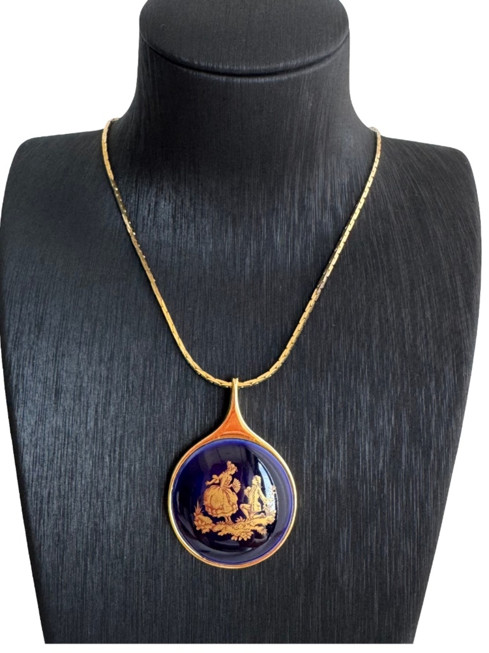 Vintage Limoges Porcelain Pendant Necklace Cobalt Blue Courting Couple Gold Tone